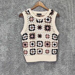 Design 365 Crochet Knit Granny Square Sleeveless Sweater Top Cream Brown Large